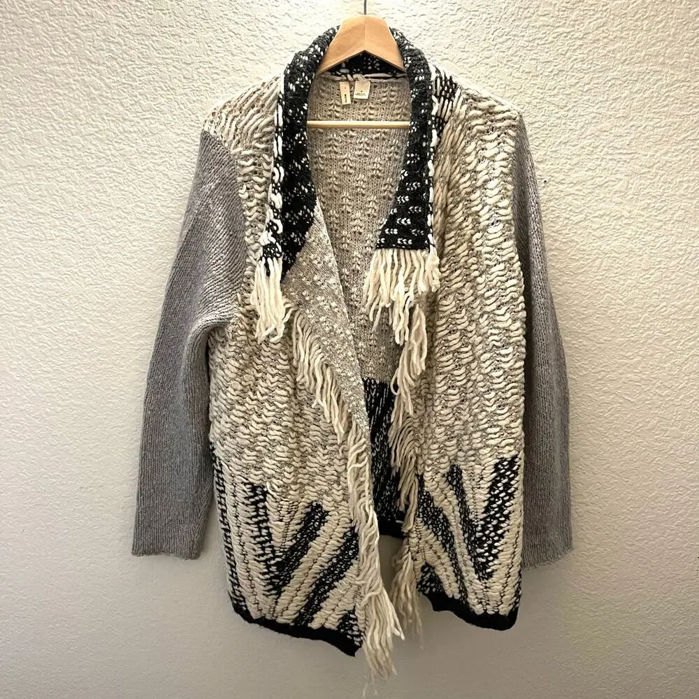 Anthropologie Moth Amba Fringe Open Front Sweater Cardigan Boho M Wool Alpaca - Picture 3 of 8